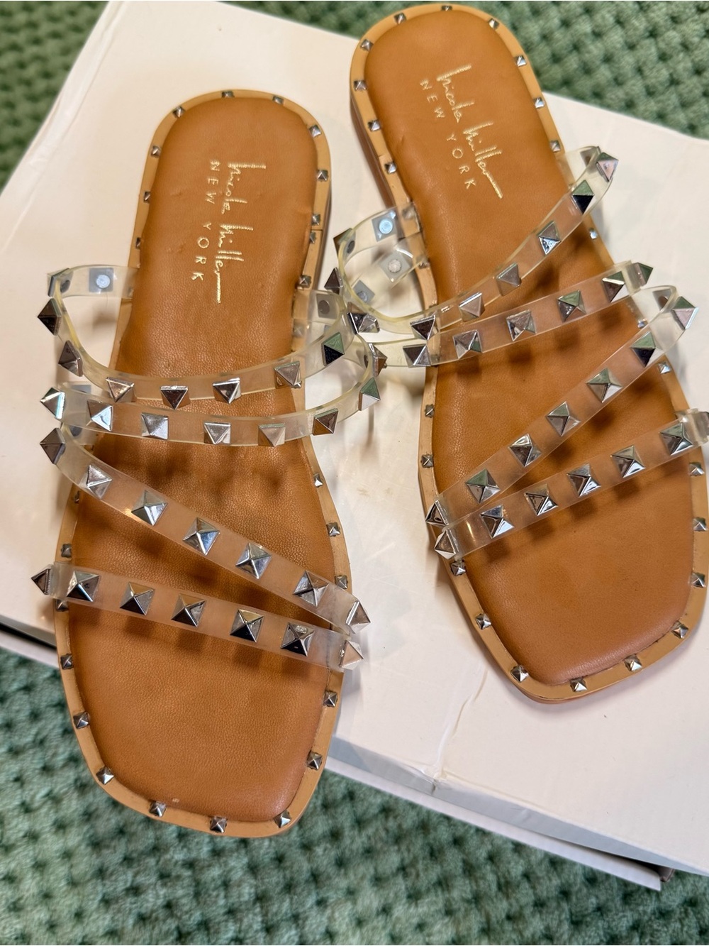 Nicole Miller Tan Slide Sandals with Clear Studded Straps